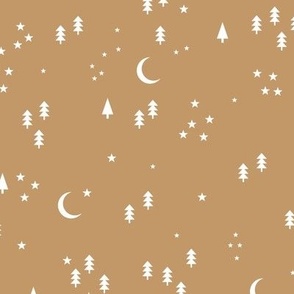 Celestial minimalist Christmas stars and moon phase happy holidays christmas trees white on golden ochre yellow