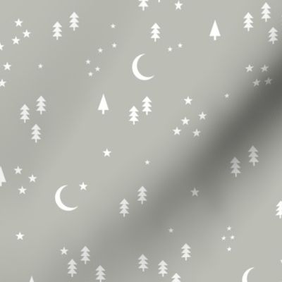 Celestial minimalist Christmas stars and moon phase happy holidays christmas trees white on mist gray