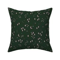 Celestial minimalist Christmas stars and moon phase happy holidays christmas trees pink on deep forest green