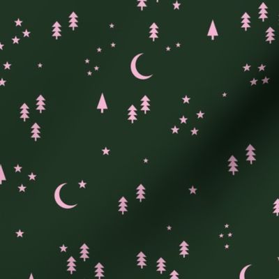 Celestial minimalist Christmas stars and moon phase happy holidays christmas trees pink on deep forest green