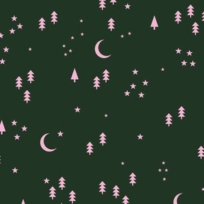 Celestial minimalist Christmas stars and moon phase happy holidays christmas trees pink on deep forest green