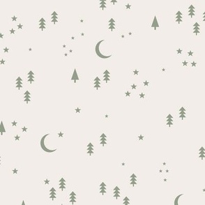 Celestial minimalist Christmas stars and moon phase happy holidays christmas trees olive green on ivory