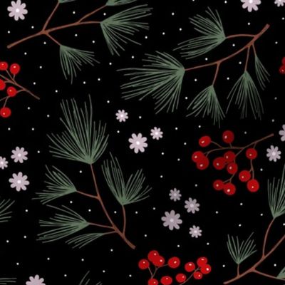 Pine needles and mistletoe boho christmas berry sprigs night garden pine tree flowers boho leaves and branches design winter red green lilac on black