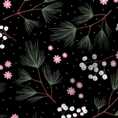 Pine needles and mistletoe boho christmas berry sprigs night garden pine tree flowers boho leaves and branches design winter pink green white blush on black