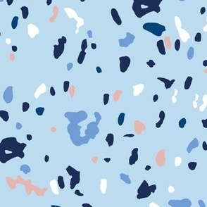 Terrazzo messy irregular spots and stains minimalist texture peach golden white navy on baby blue
