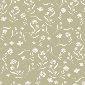 Cream floral repeat pattern on green background