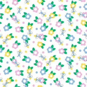 Tossed Pastel Blue, Pink, Green and Yellow Floral with Busy Bees on White Ground Non Directional
