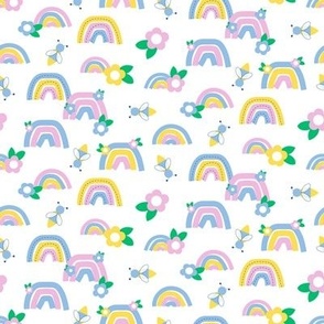 Pastel Pink, Blue and Yellow Sweet Rainbows with Busy Bees and Flowers on White Ground