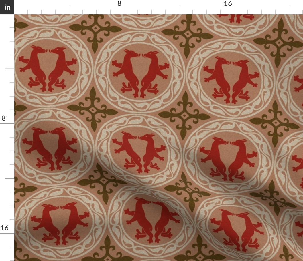 Byzantine critters in roundels - red, sepia, and ivory