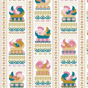 Hens folk art--teal-pink mustard