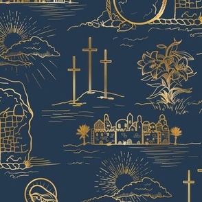 He is Not Here For He is Risen, Easter Toile de Jouy, Gold/Navy by Brittanylane