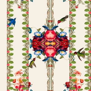 Vintage flowers,hummingbirds,columns,cream background 