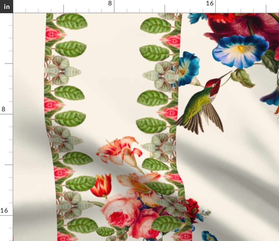 Vintage flowers,hummingbirds,columns,cream background 