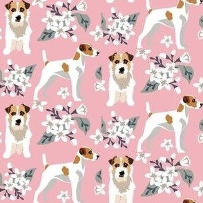 Jack Russel Terrier Dogs Pink White Floral Flowers Dog fabric small print