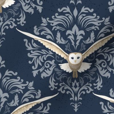 Barn Owls Damask Navy