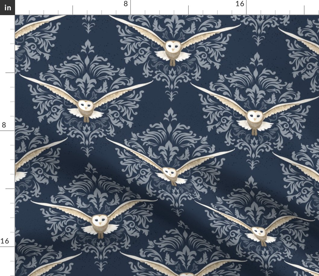 Barn Owls Damask Navy