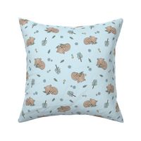 little cute bear sleeps. Forest flowers grass. blue