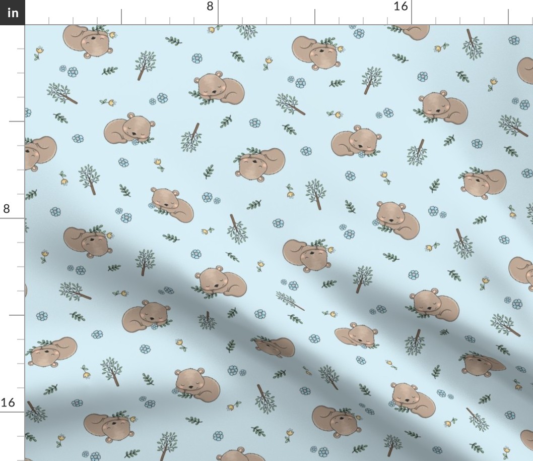 little cute bear sleeps. Forest flowers grass. blue