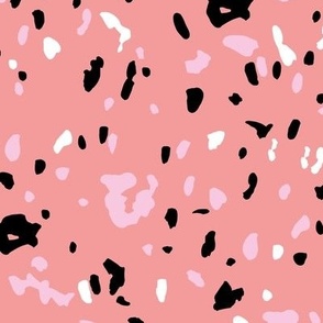 Terrazzo messy irregular spots and stains minimalist texture black white pink on rose blush