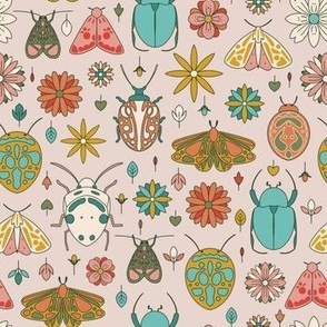 Colorful retro bugs pattern: insects, butterflies and flowers