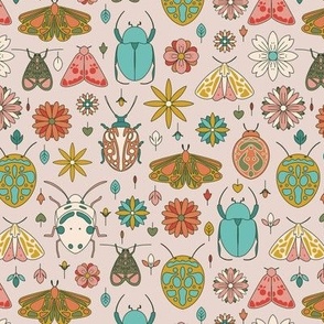 Small - Colorful retro bugs pattern: insects, butterflies and flowers