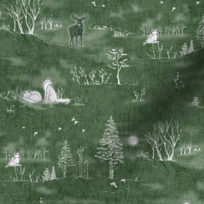 Winter Forest Toile, White on Forest Green | Forest fabric, snow, nature, woodland trees, Christmas fabric, hand drawn wildlife: fox, moose and owl.