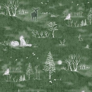 Winter Forest Toile, White on Forest Green | Forest fabric, snow, nature, woodland trees, Christmas fabric, hand drawn wildlife: fox, moose and owl.