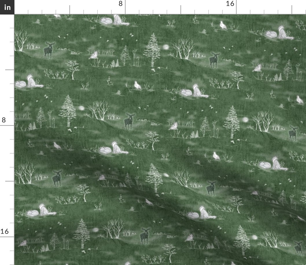 Winter Forest Toile, White on Forest Green | Forest fabric, snow, nature, woodland trees, Christmas fabric, hand drawn wildlife: fox, moose and owl.