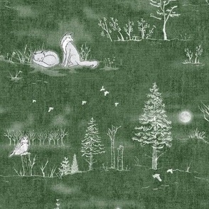 Winter Forest Toile, White on Forest Green (large scale) | Forest fabric, snow, nature, woodland trees, Christmas fabric, hand drawn wildlife: fox, moose and owl.