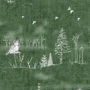 Winter Forest Toile, White on Forest Green (xl scale) | Forest fabric, snow, nature, woodland trees, Christmas fabric, hand drawn wildlife: fox, moose and owl.