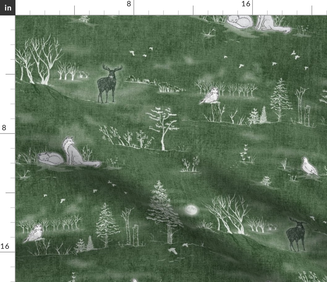 Winter Forest Toile, White on Forest Green (xl scale) | Forest fabric, snow, nature, woodland trees, Christmas fabric, hand drawn wildlife: fox, moose and owl.