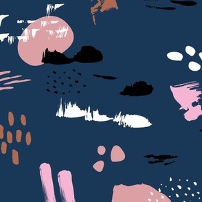 Messy brush strokes dots spots and speckles ink Scandinavian modern art design navy blue pink spice