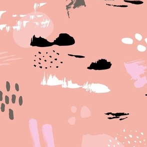 Messy brush strokes dots spots and speckles ink Scandinavian modern art design peach blush pink gray