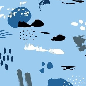 Messy brush strokes dots spots and speckles ink Scandinavian modern art design blue navy black boys