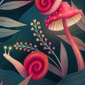 Snail and Mushroom 8x10 Whimsical Nature Photography Print of Snail on Red  and White Polka Dot Shrooms Titled snail Bravery. 