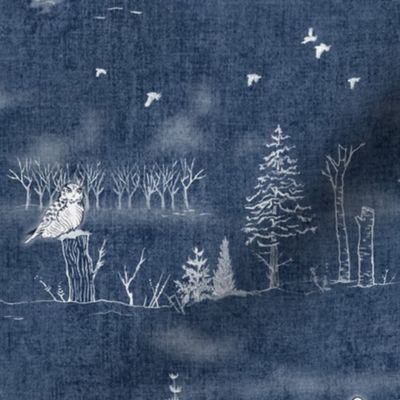 Winter Forest Toile, White on Midnight Blue (xl scale) | Forest fabric, snow, nature, woodland trees, Christmas fabric, hand drawn wildlife: fox, moose and owl.