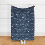 Winter Forest Toile, White on Midnight Blue (xl scale) | Forest fabric, snow, nature, woodland trees, Christmas fabric, hand drawn wildlife: fox, moose and owl.