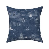 Winter Forest Toile, White on Midnight Blue (xl scale) | Forest fabric, snow, nature, woodland trees, Christmas fabric, hand drawn wildlife: fox, moose and owl.