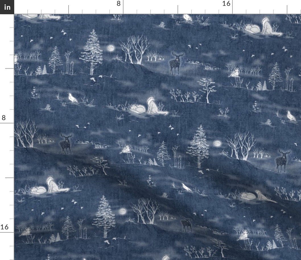 Winter Forest Toile, White on Midnight Blue (large scale) | Forest fabric, snow, nature, woodland trees, Christmas fabric, hand drawn wildlife: fox, moose and owl.
