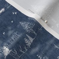 Winter Forest Toile, White on Midnight Blue | Forest fabric, snow, nature, woodland trees, Christmas fabric, hand drawn wildlife: fox, moose and owl.
