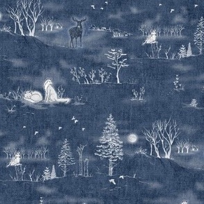 Winter Forest Toile, White on Midnight Blue | Forest fabric, snow, nature, woodland trees, Christmas fabric, hand drawn wildlife: fox, moose and owl.