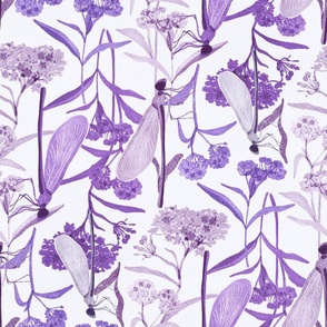Milkweed with Dragonflies - purple monochrome 