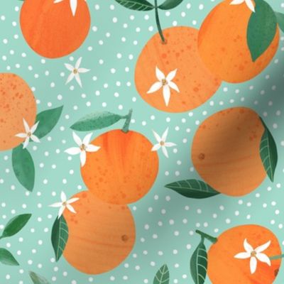 Orange Citrus Fruit and Blossom on green - 9 inch repeat