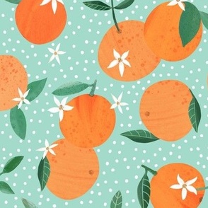 Orange Citrus Fruit and Blossom on green - 9 inch repeat