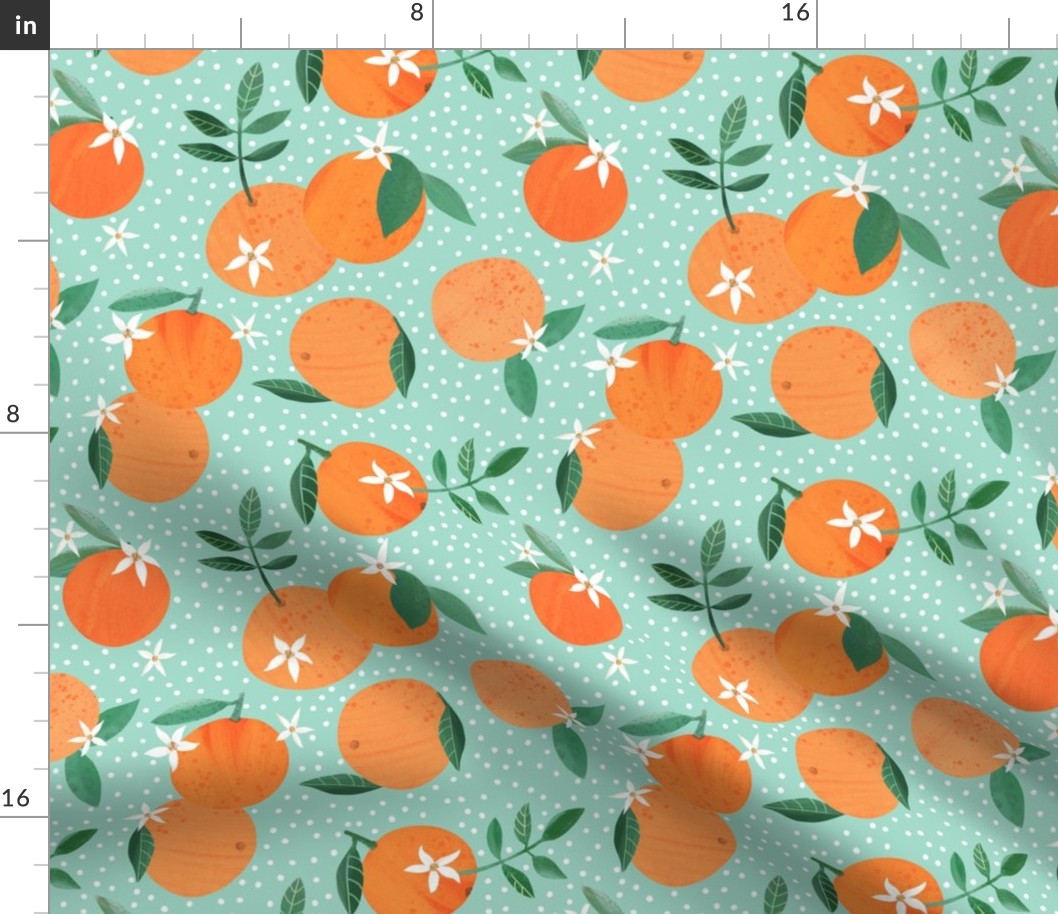 Orange Citrus Fruit and Blossom on green - 9 inch repeat