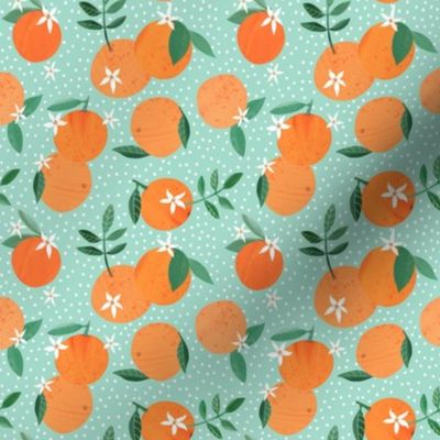 Orange Citrus fruit and Blossom on mint green - 4 inch repeat