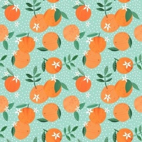 Orange Citrus fruit and Blossom on mint green - 4 inch repeat