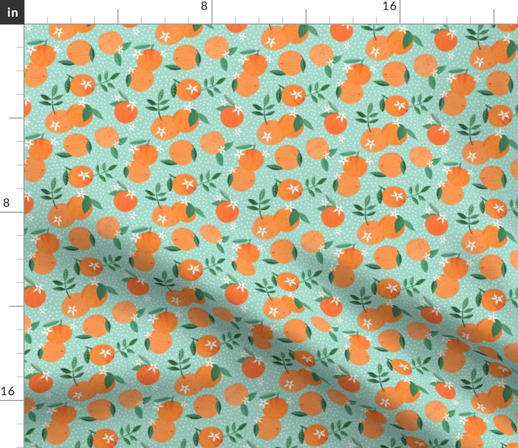 Orange Citrus fruit and Blossom on mint green - 4 inch repeat