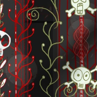 Vines O' Death -- Red -- Halloween Skull-y Skulls, Supernatural Skulls, Death Skulls over Victorian Vines and Red Stripes -- 150dpi (Full Scale)