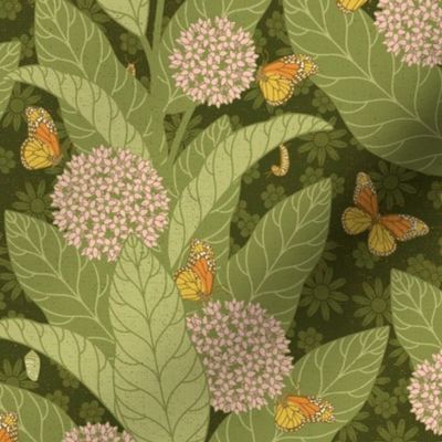 Monarch Butterflies and Milkweed 70s style - dark green - pink flowers - medium scale